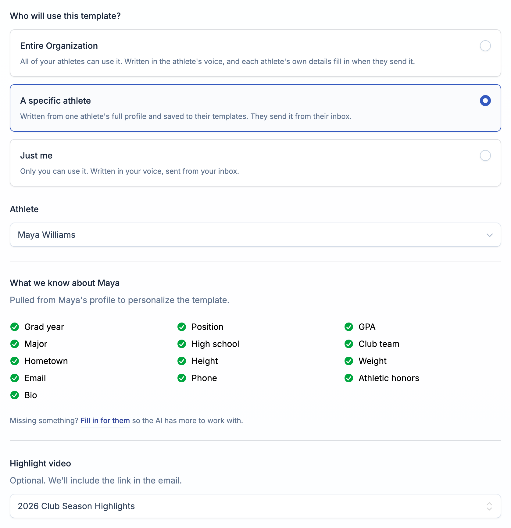Writing a template for one athlete from their profile
