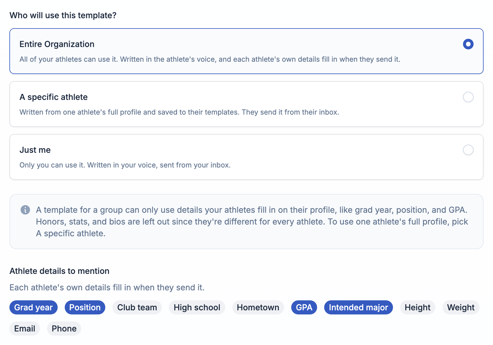 Choosing who the template is for and which athlete details it mentions