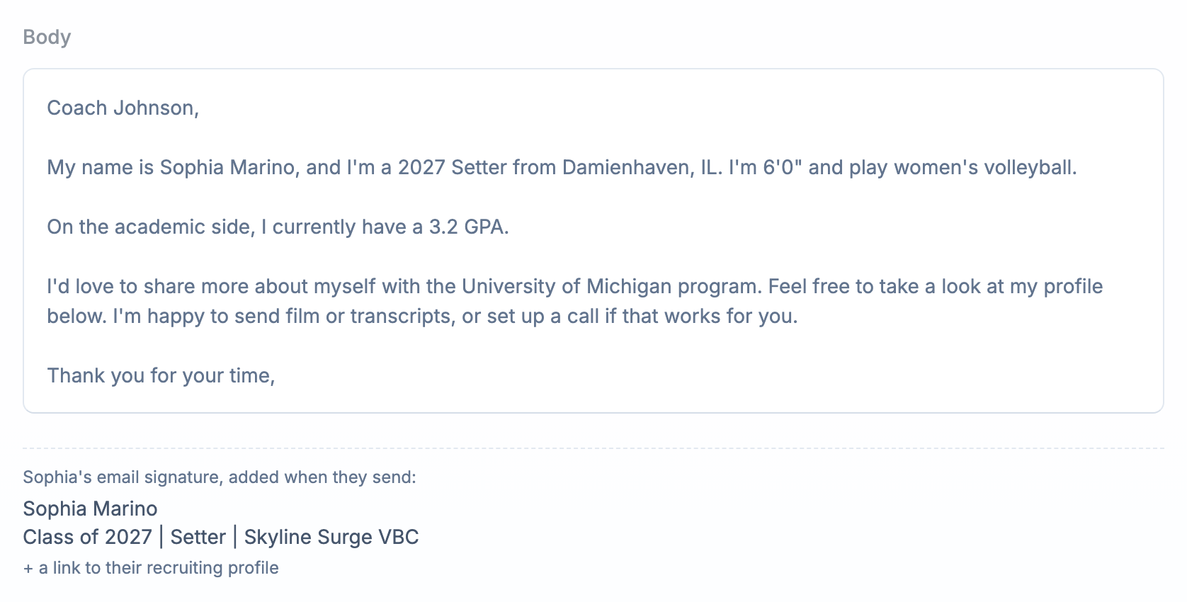 Preview of a template written for one athlete, with their email signature below the body