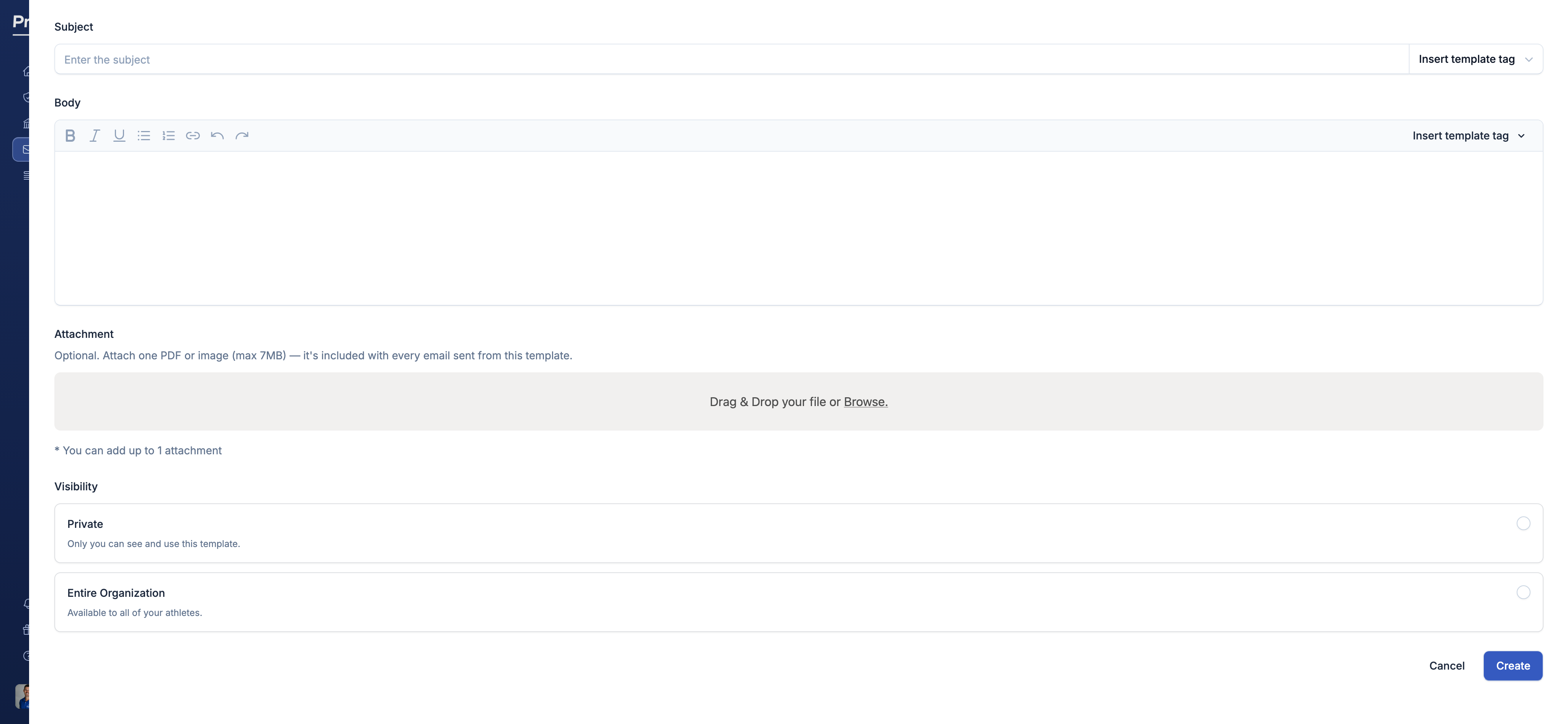 Visibility picker shown when an admin creates or edits an email template