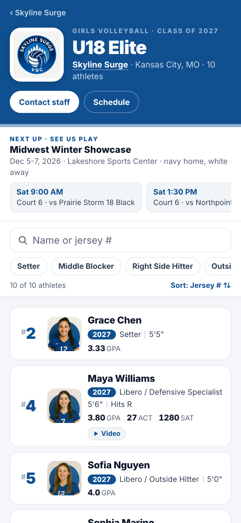 The team page on a phone