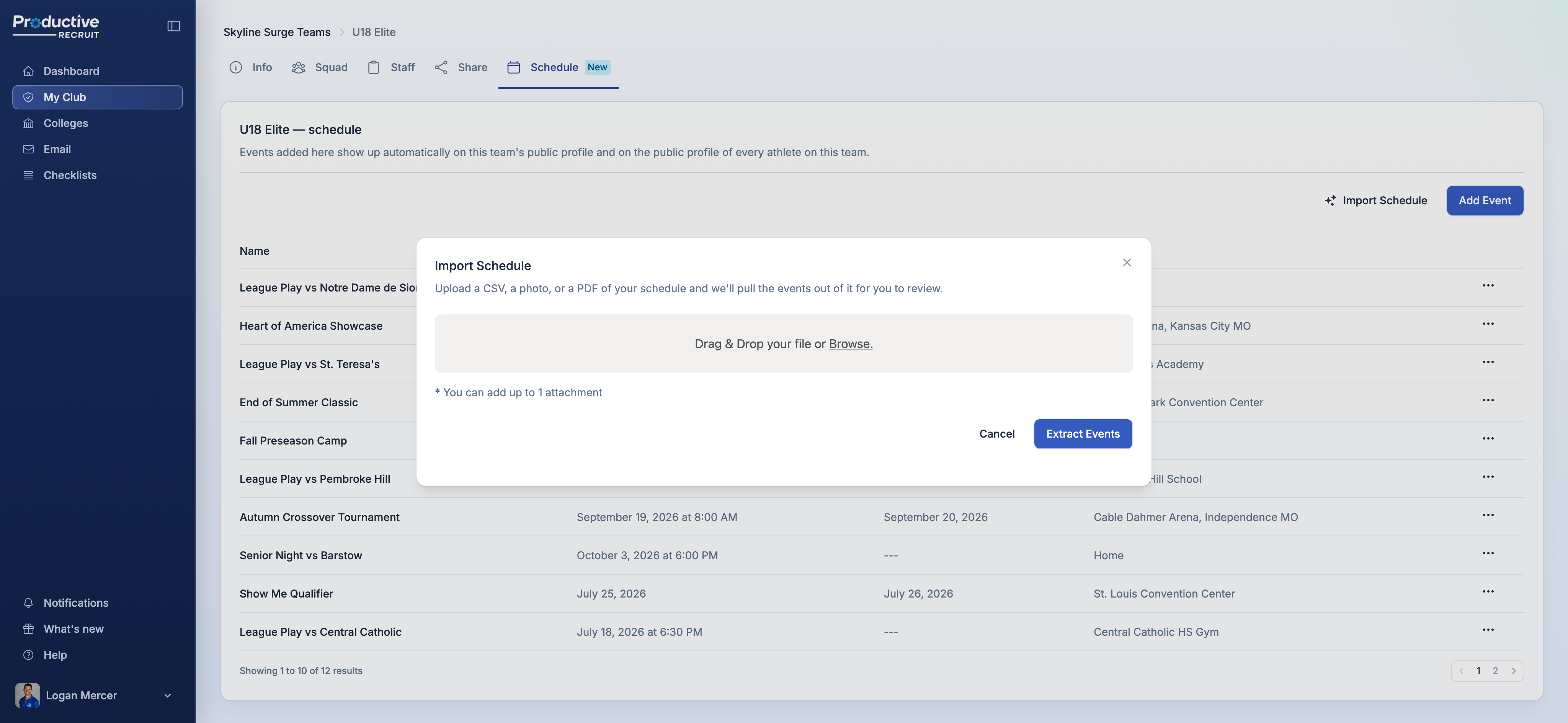 AI schedule import review table after uploading a photo of a printed schedule