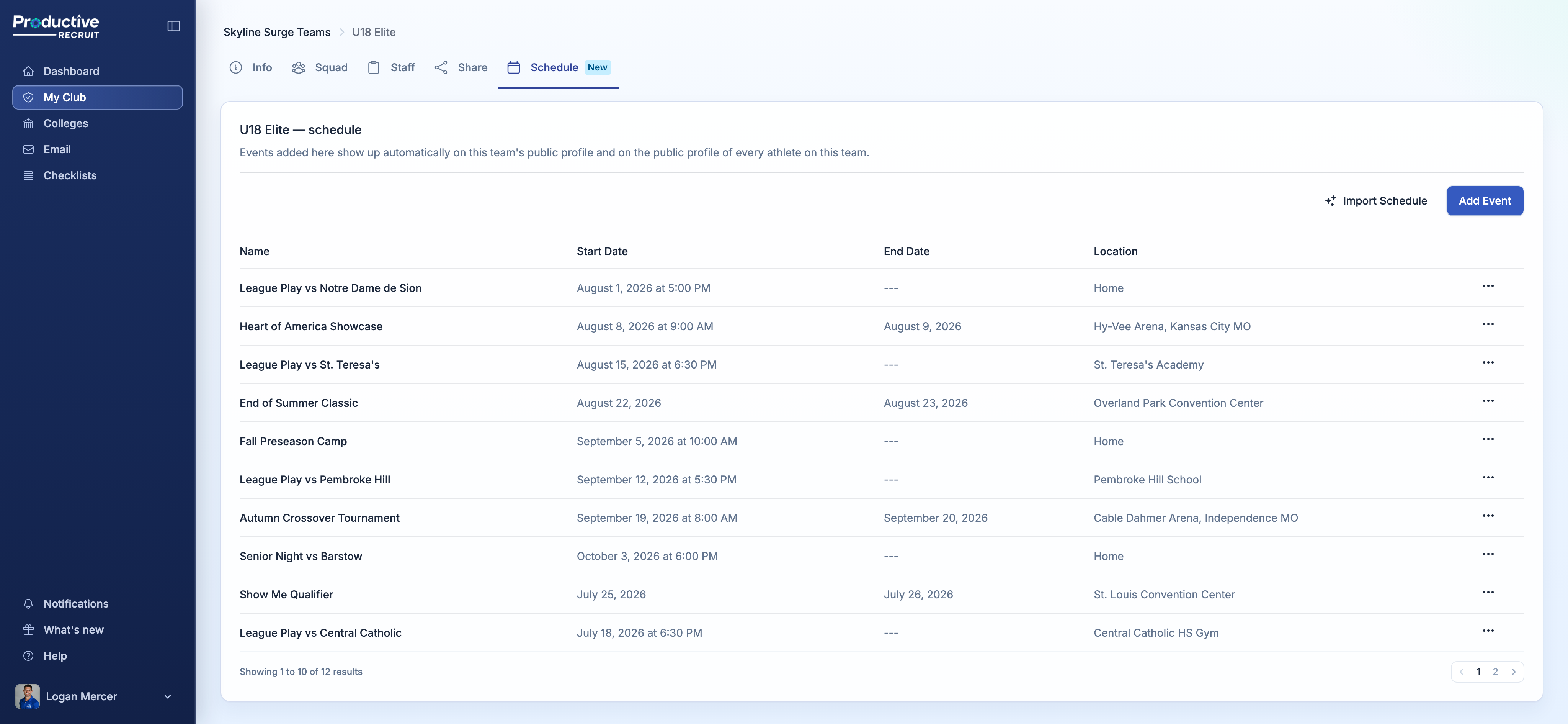 The team's Schedule tab with the events list and Add event button