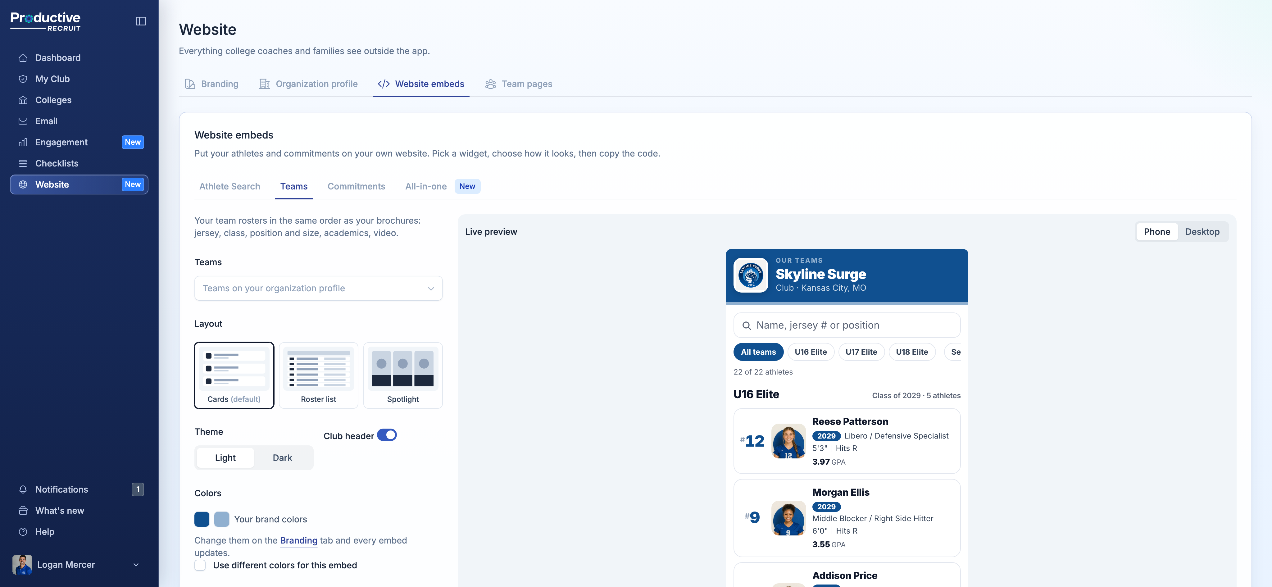 The Website embeds tab with a live preview