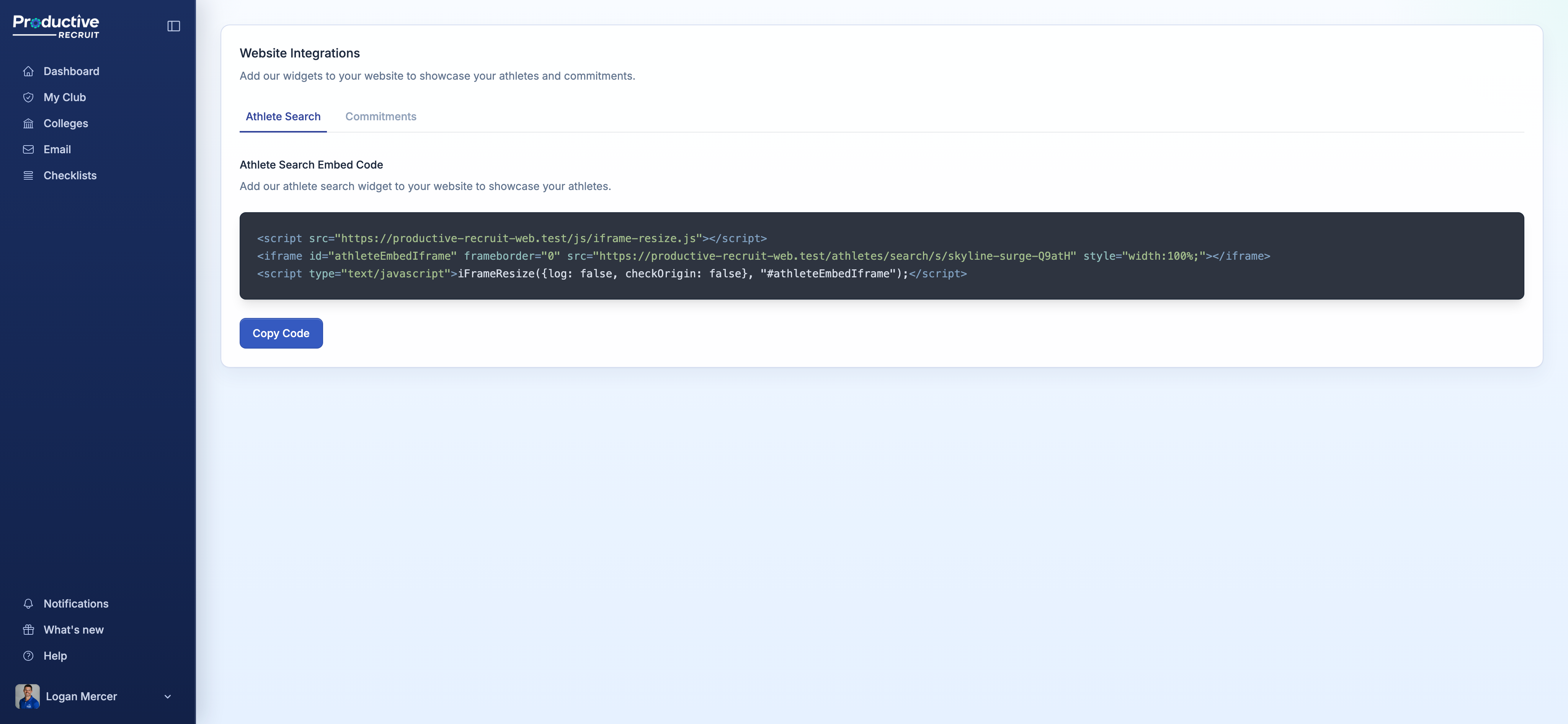 Website Integrations page showing the Athlete Search and Commitments tabs