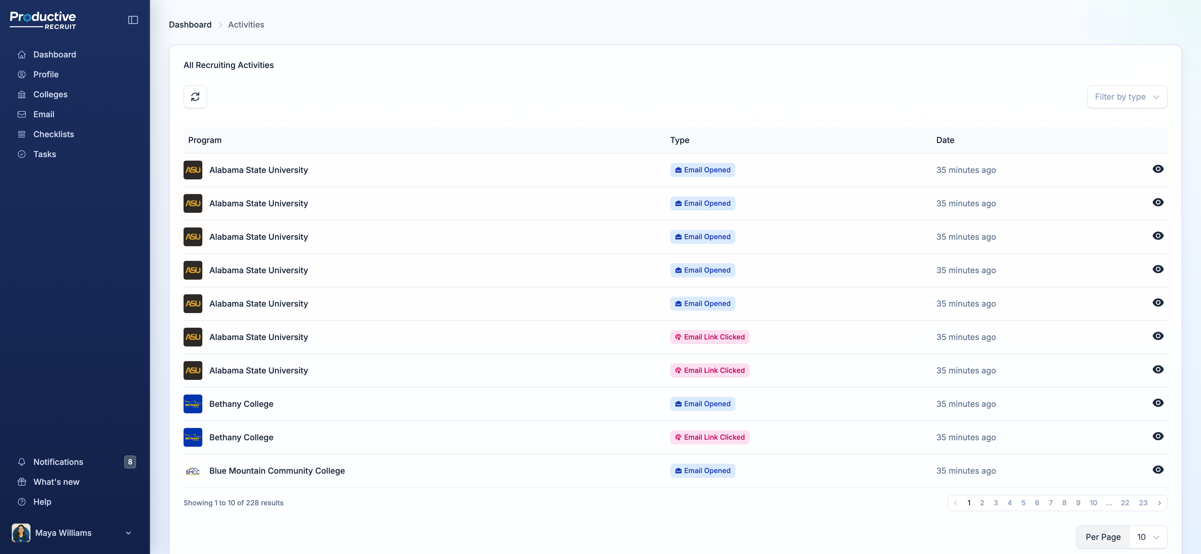 The full activity feed, showing the type filter and activity table