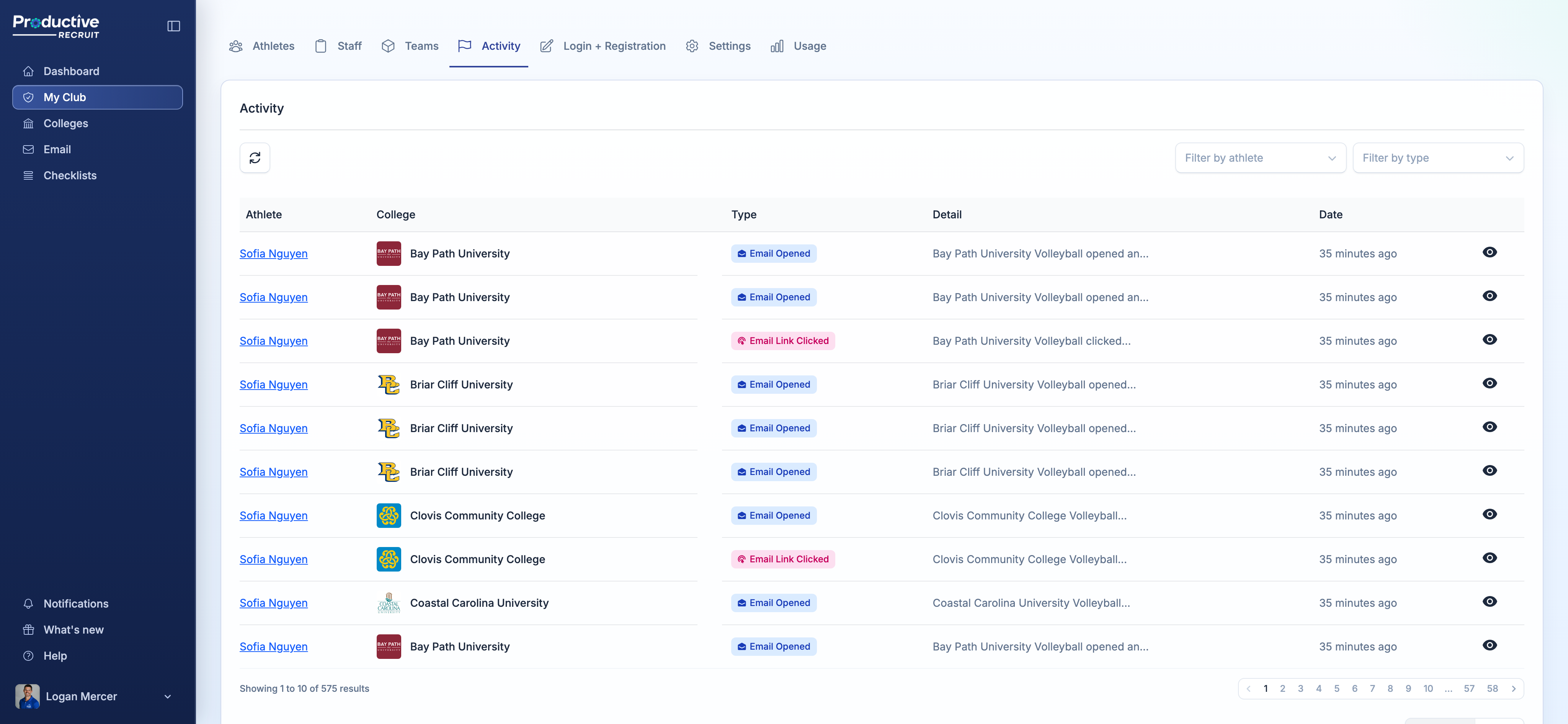 The organization Activity page with the athlete and type filters