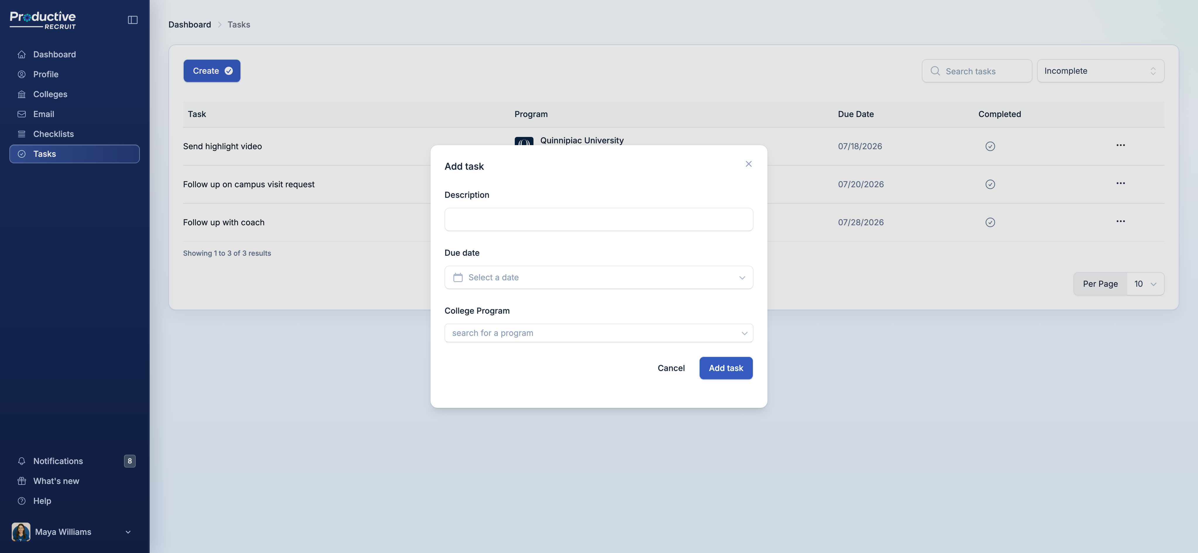 The Add task modal with description, due date, and college program fields