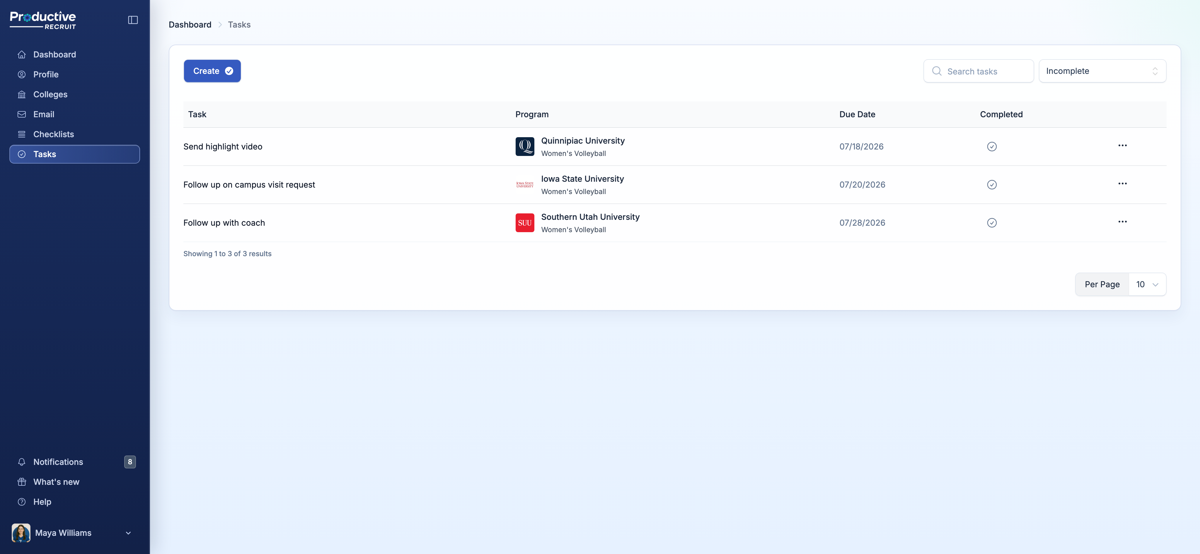 The global Tasks page showing filters and the Program column