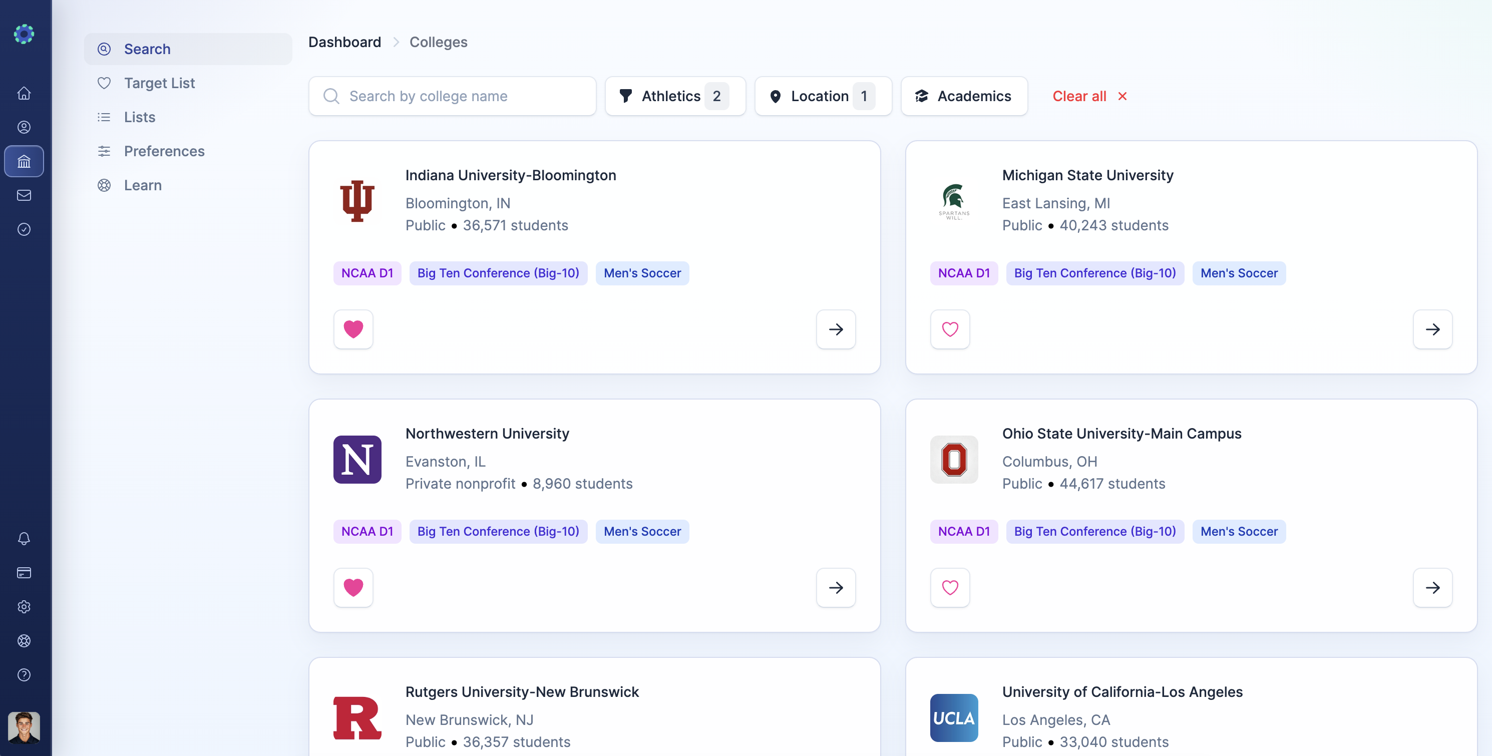 College search filters with range sliders