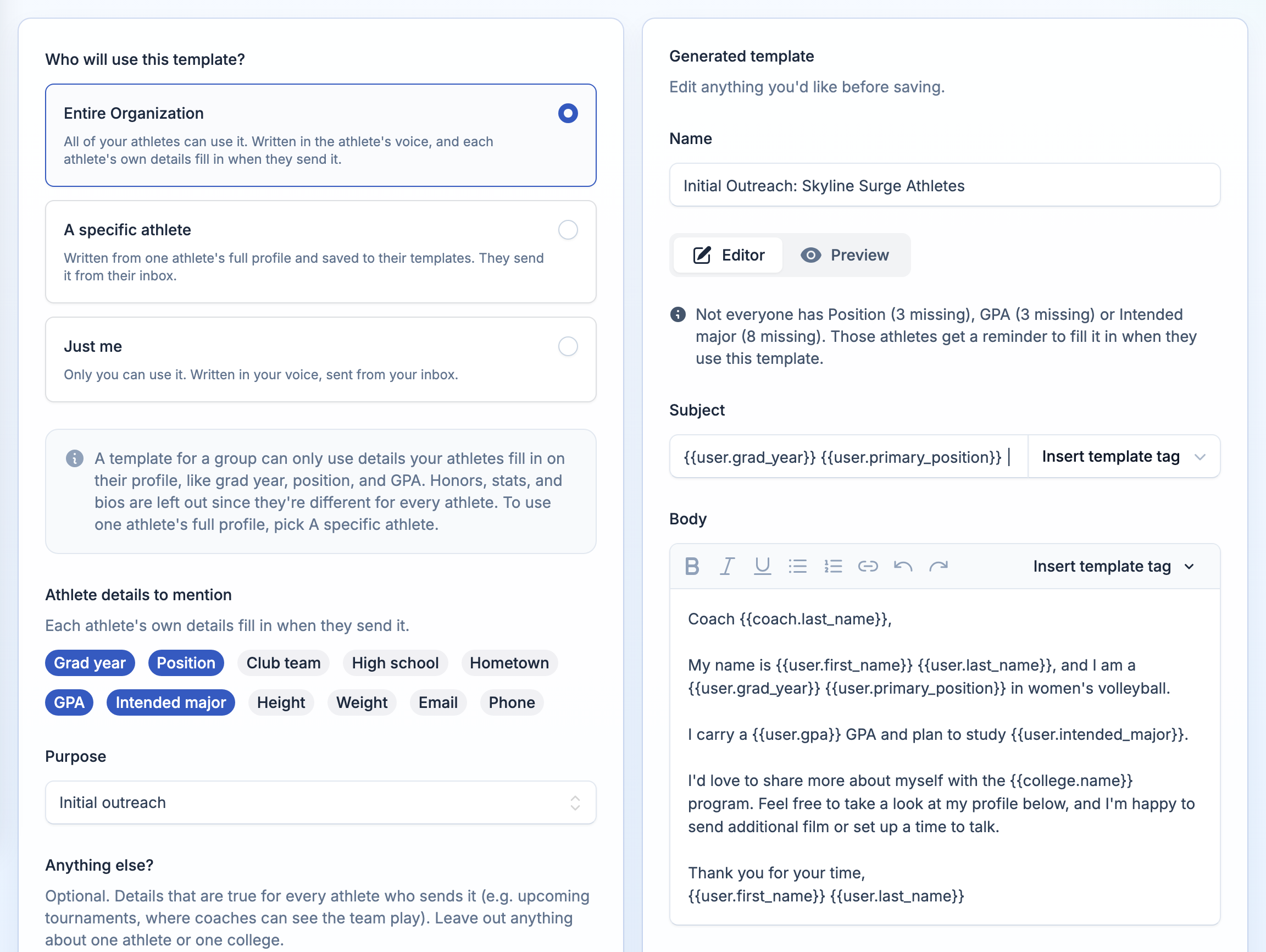 Having AI write a shared email template in the athlete's voice