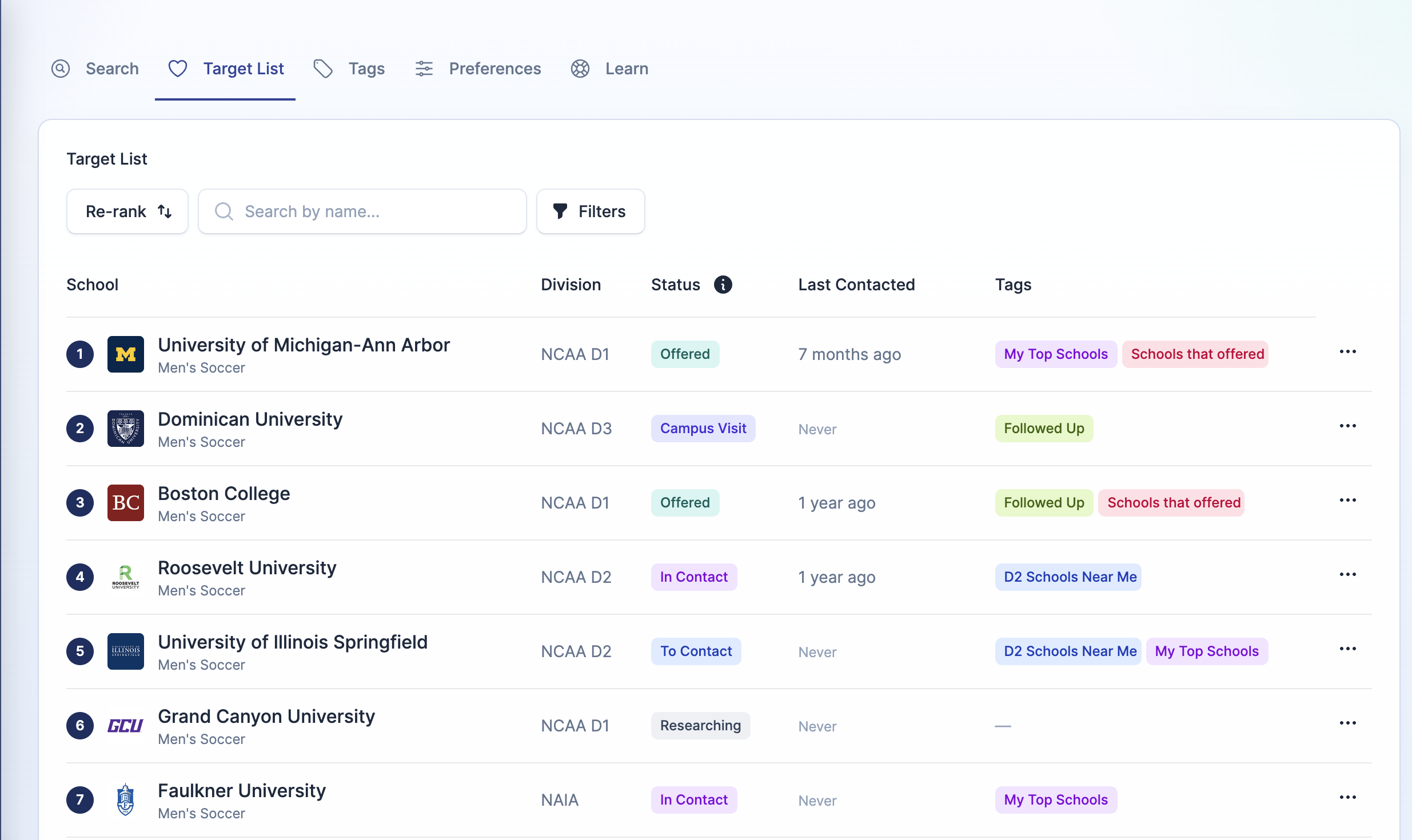 Target List showing colleges with multiple color-coded tags