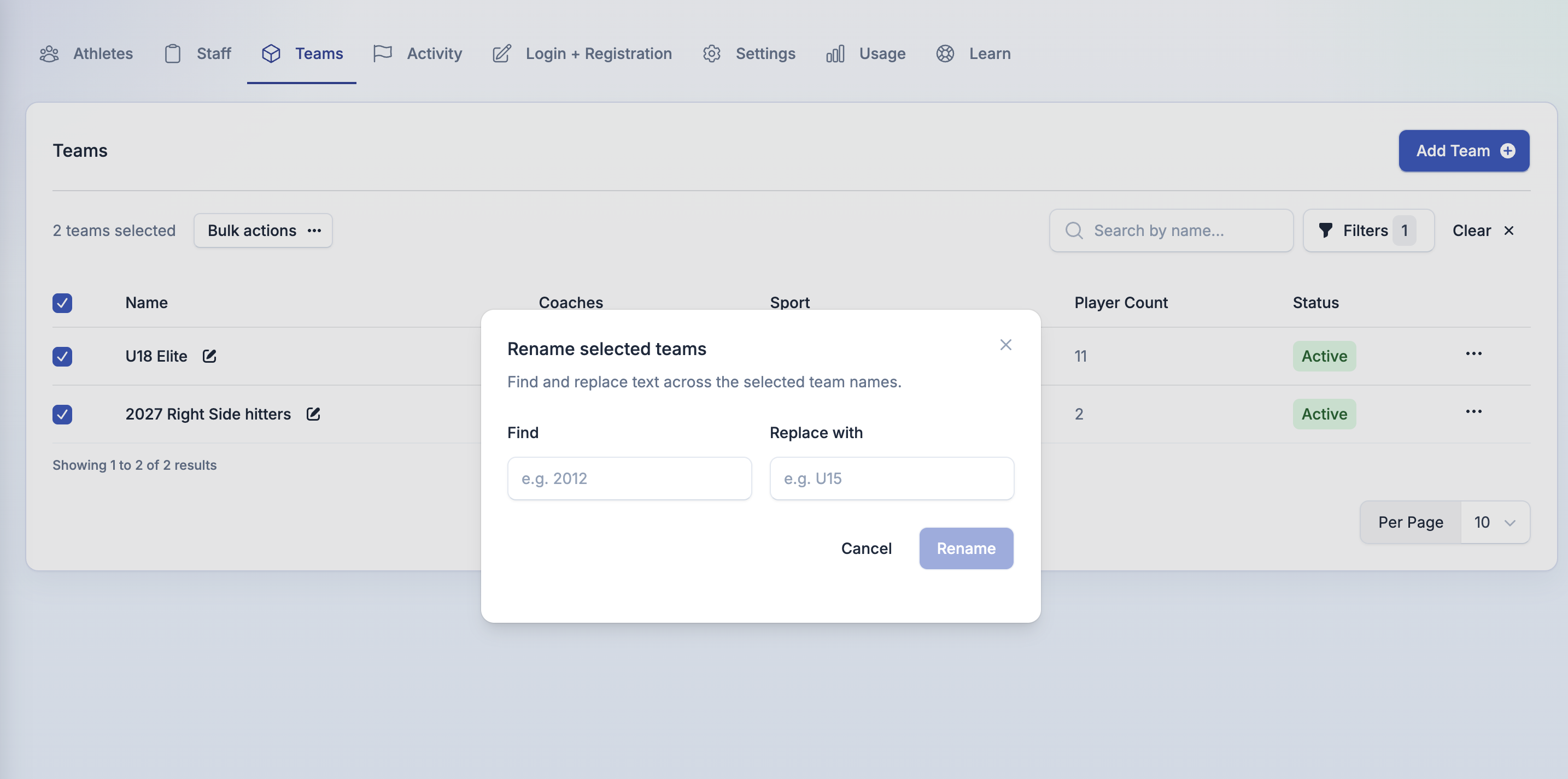 Bulk rename teams on the Teams page on ProductiveRecruit