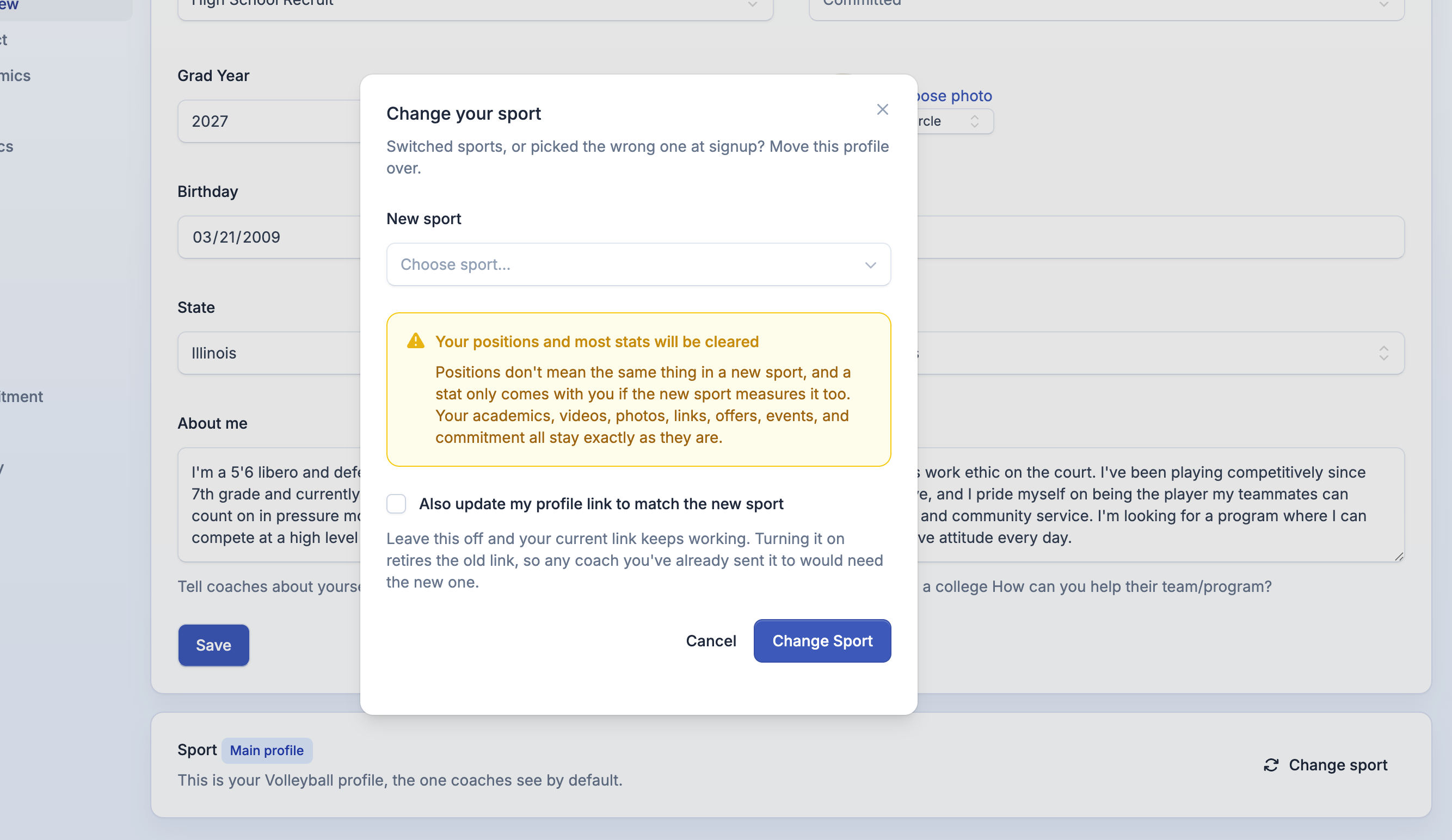 Sport card with Change sport in the profile editor on ProductiveRecruit
