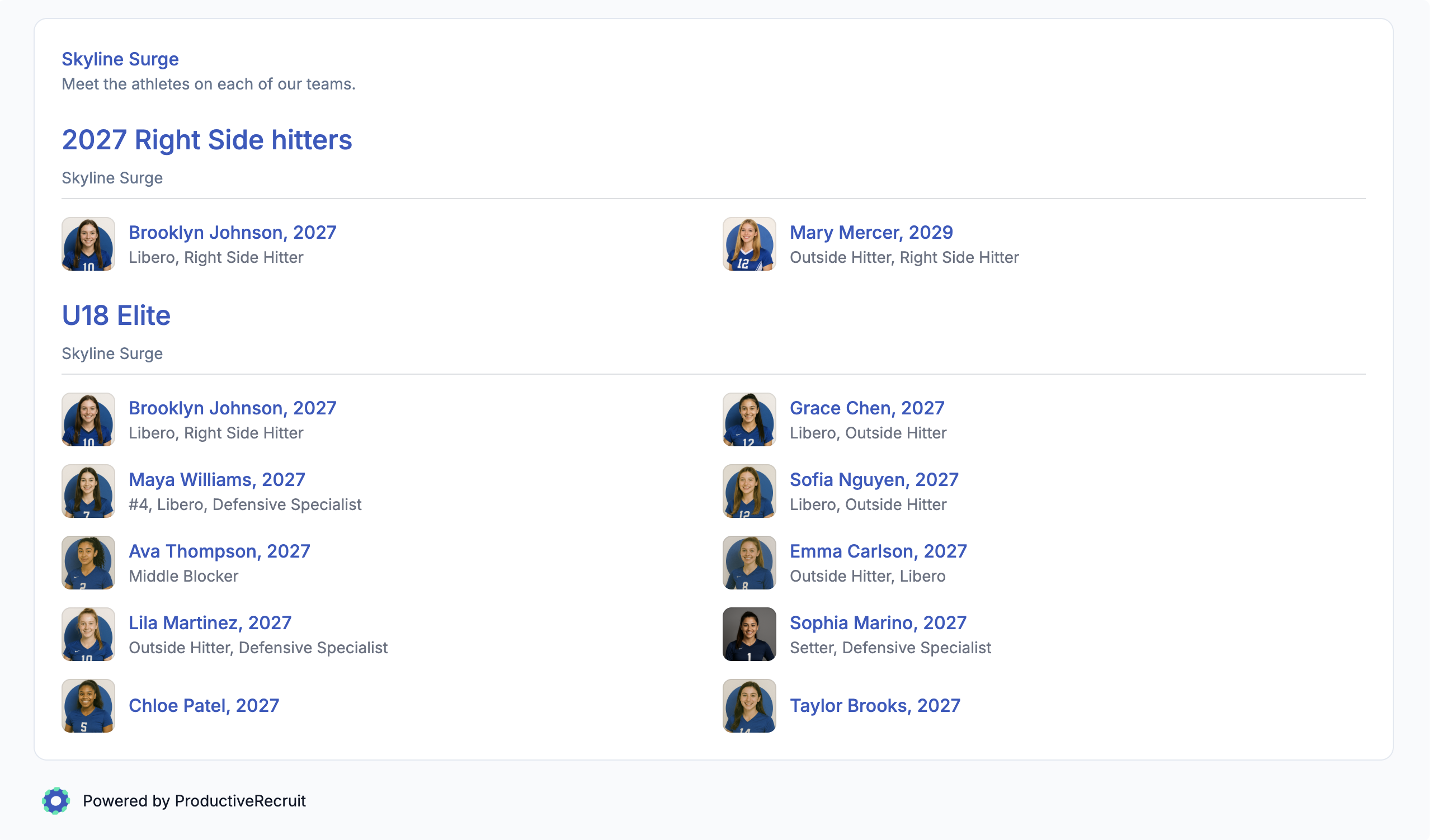 Team roster embed in a club's accent color on ProductiveRecruit