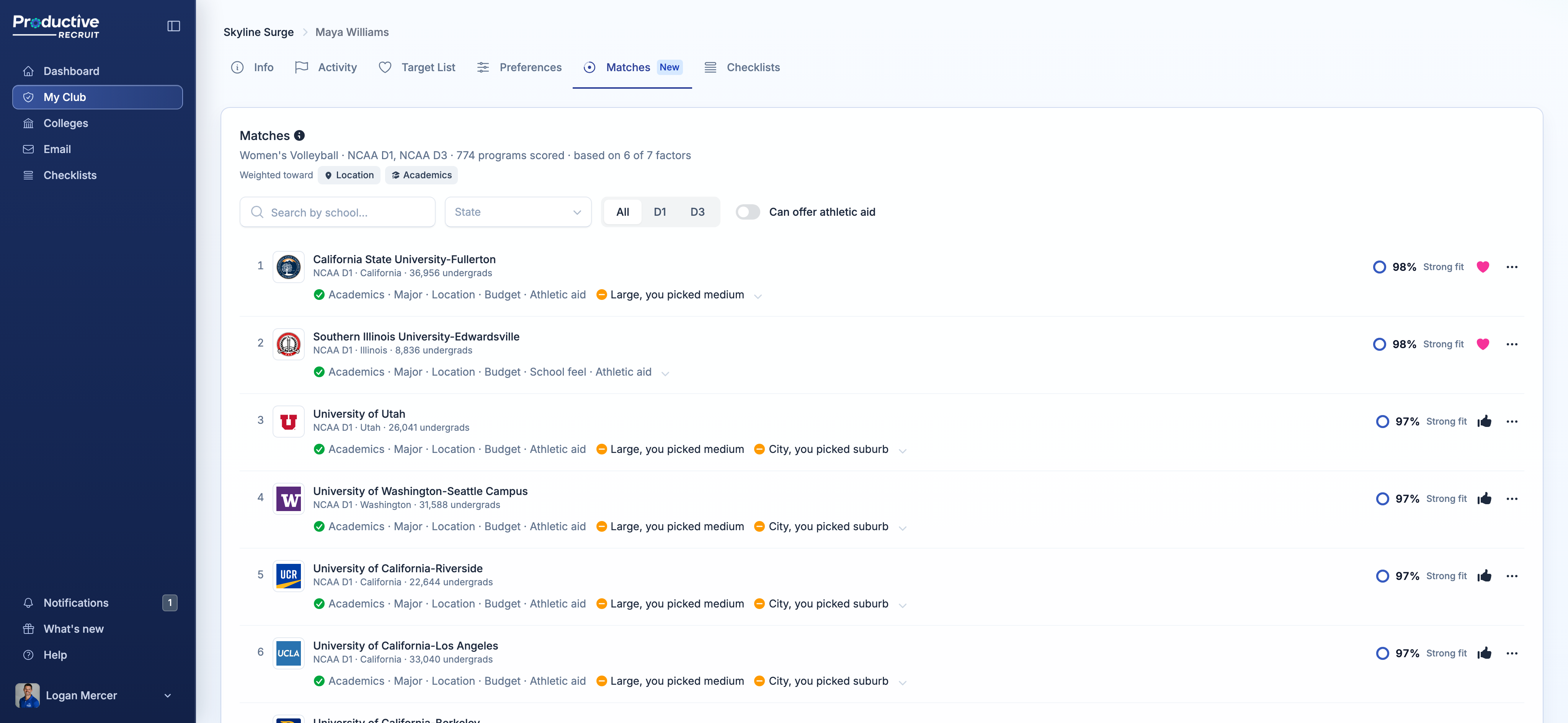 An athlete's Matches tab, from the coach's side