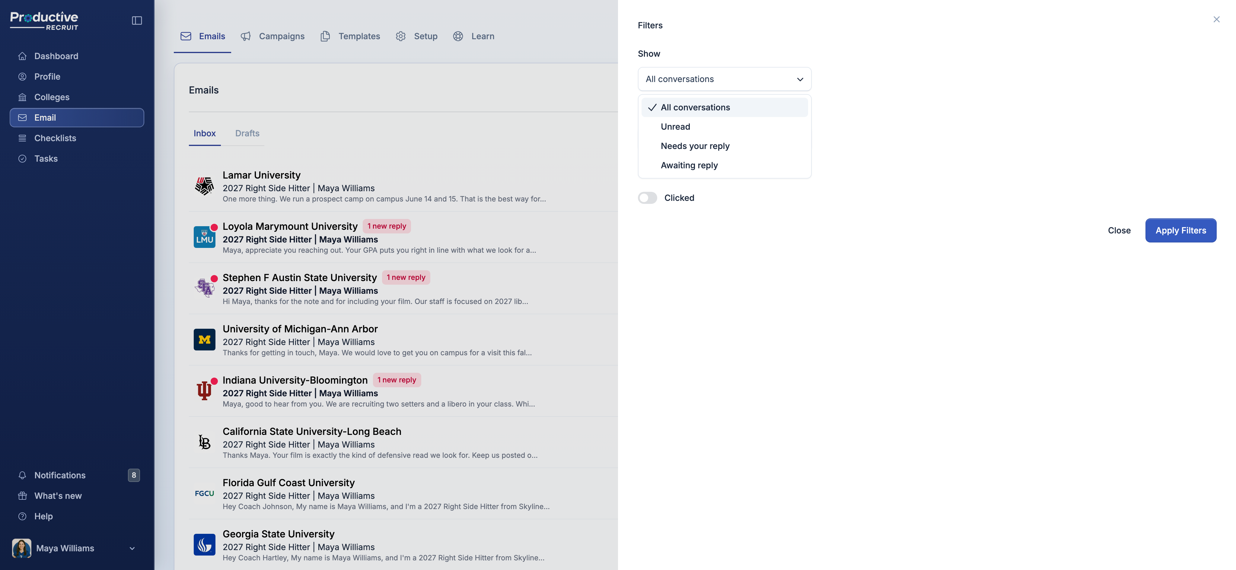 Unread, Needs your reply, and Awaiting reply filters