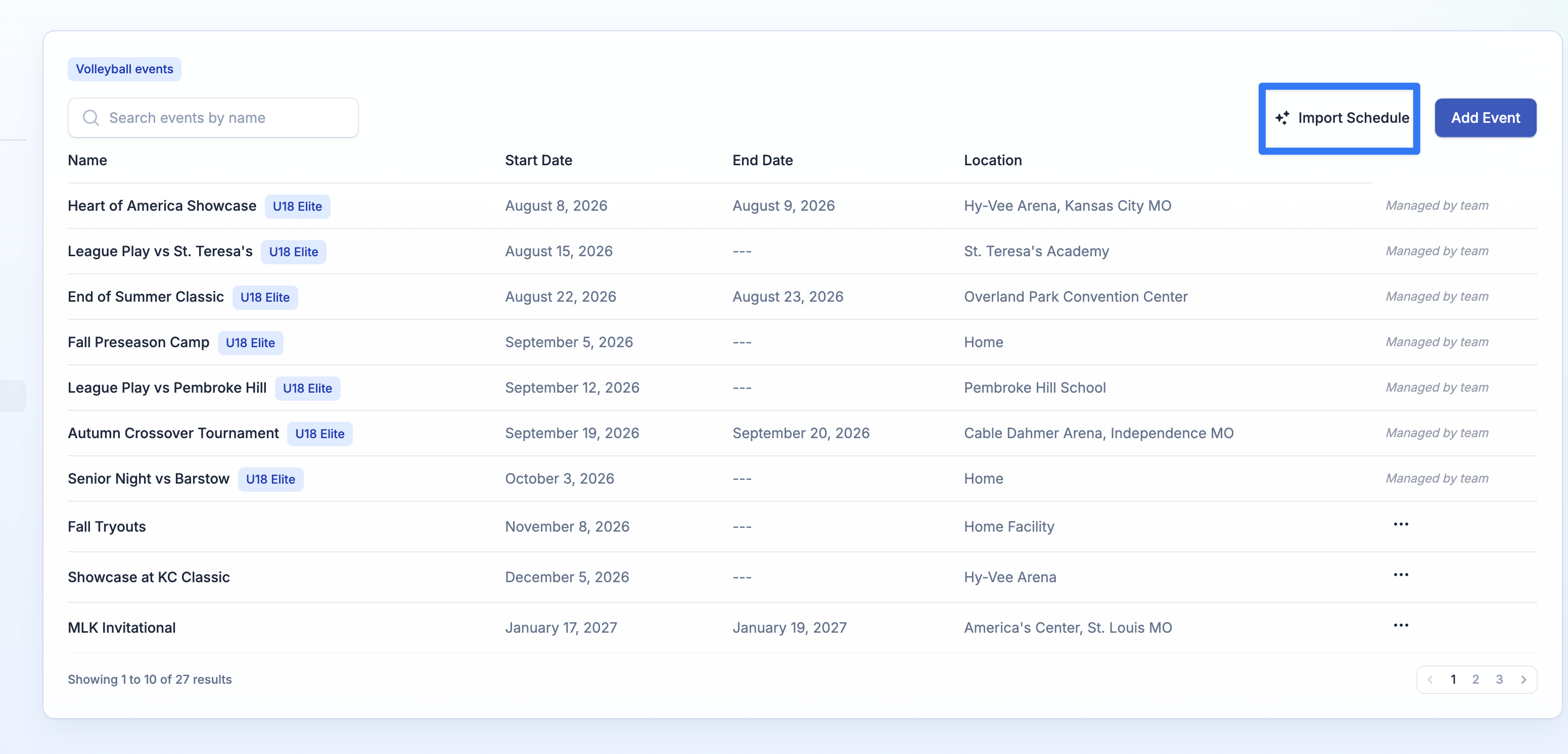 AI schedule import on the athlete Events page on ProductiveRecruit