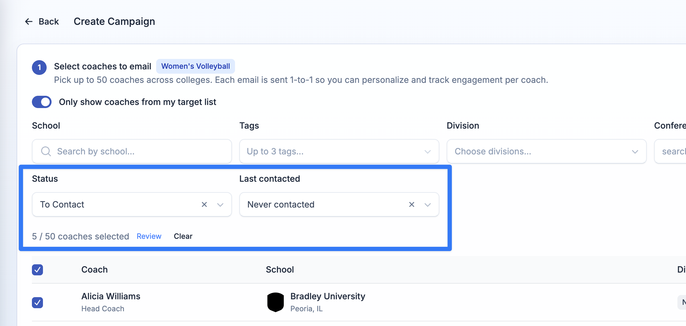 Target List status and last contacted filters in the campaign builder on ProductiveRecruit