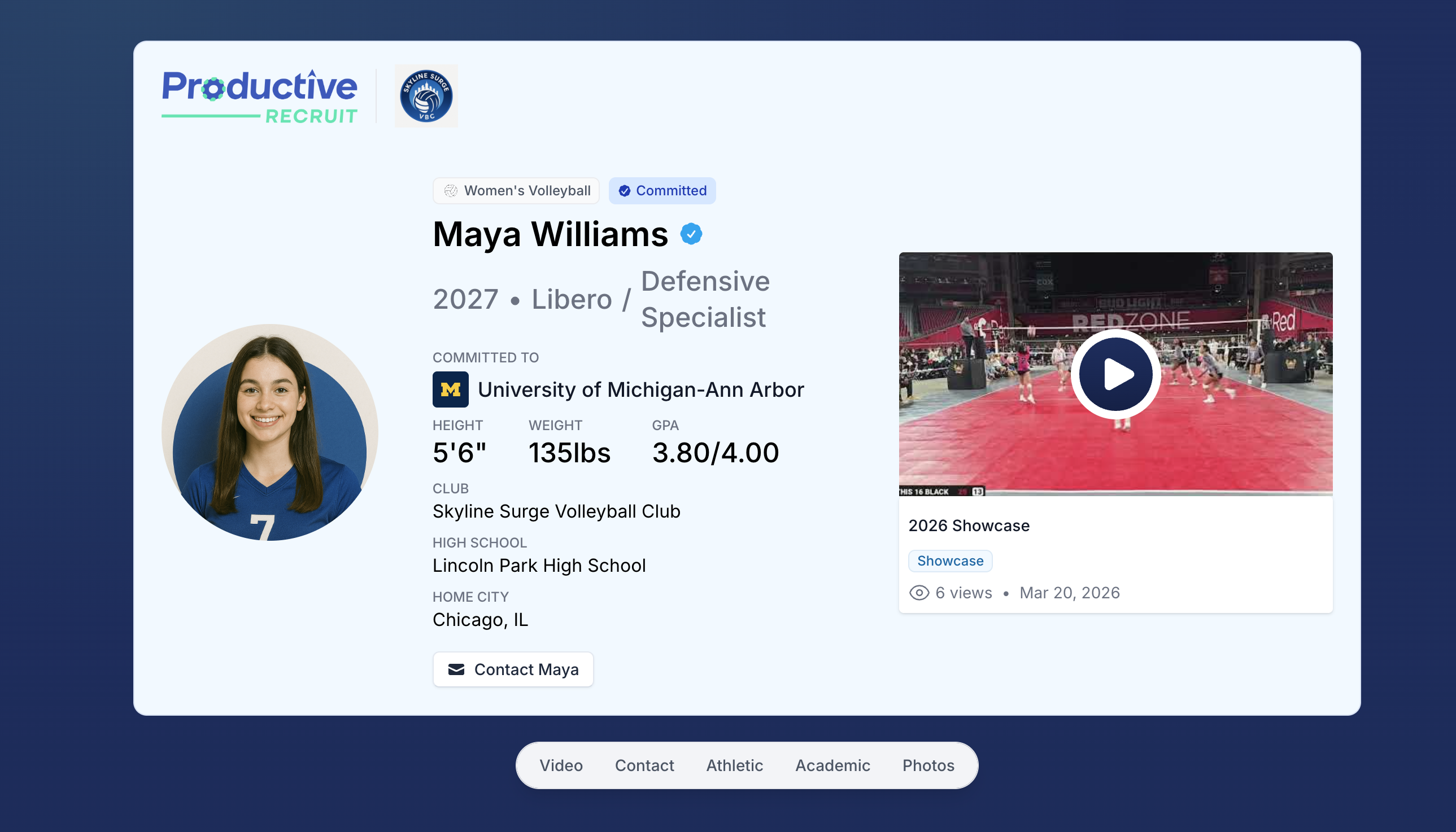 Redesigned athlete profile with sticky section nav on ProductiveRecruit