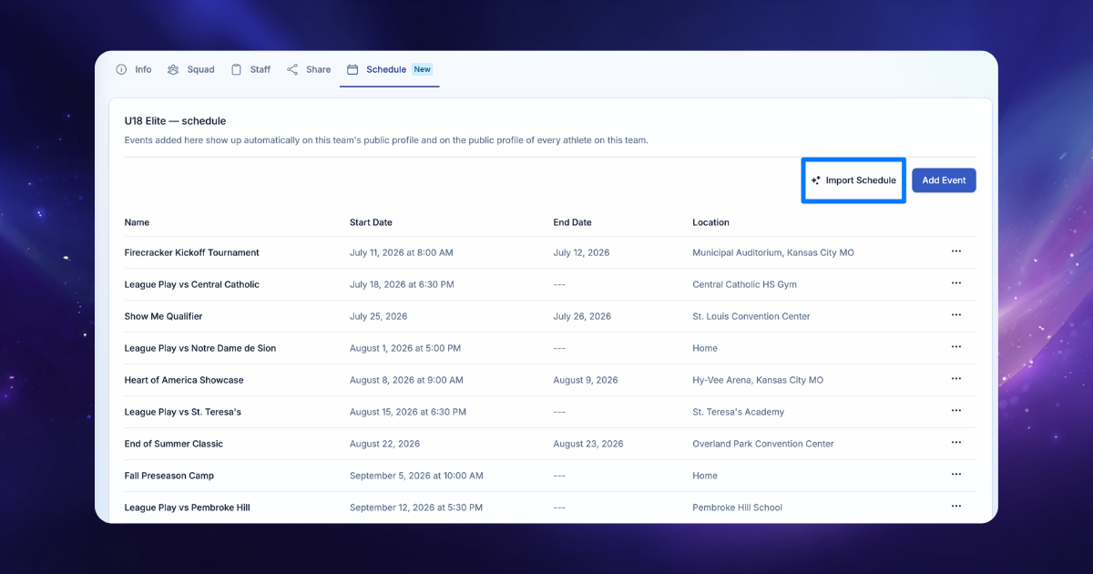 Team schedule with AI import on ProductiveRecruit