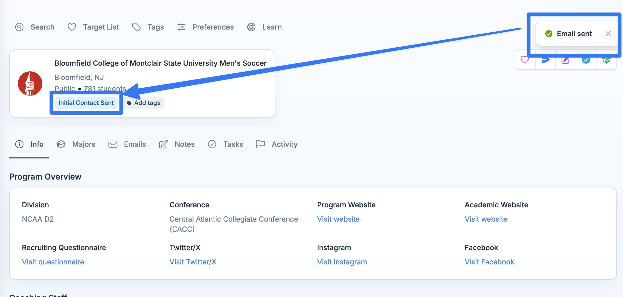 Target List program moving to Initial Contact Sent on ProductiveRecruit