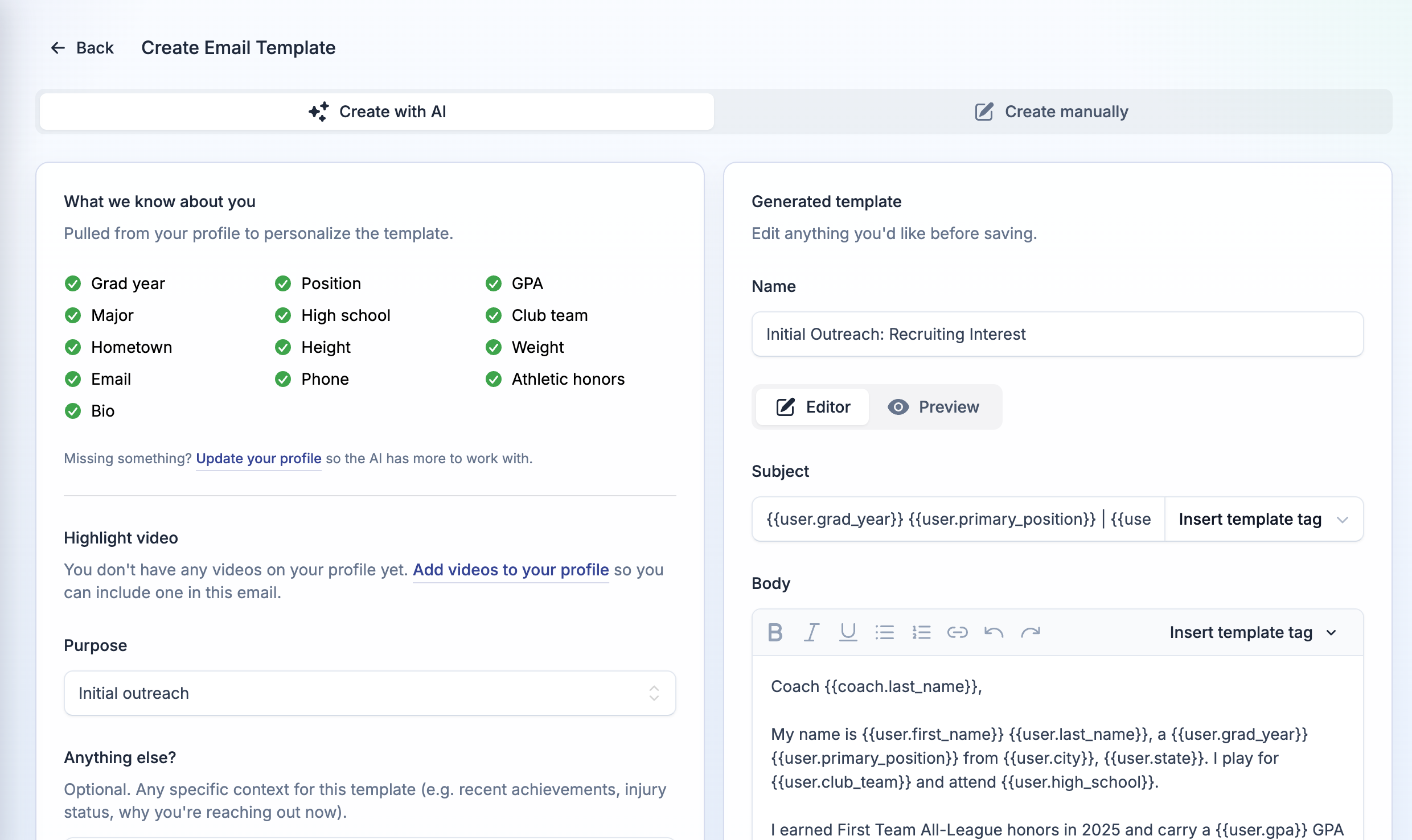 AI Email template creator preview