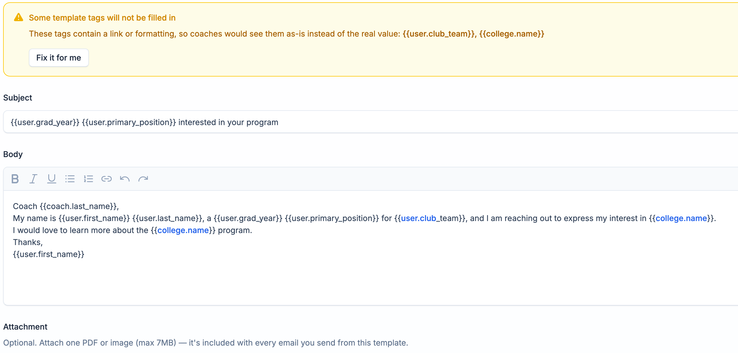 The broken template tag warning with Fix it for me in ProductiveRecruit